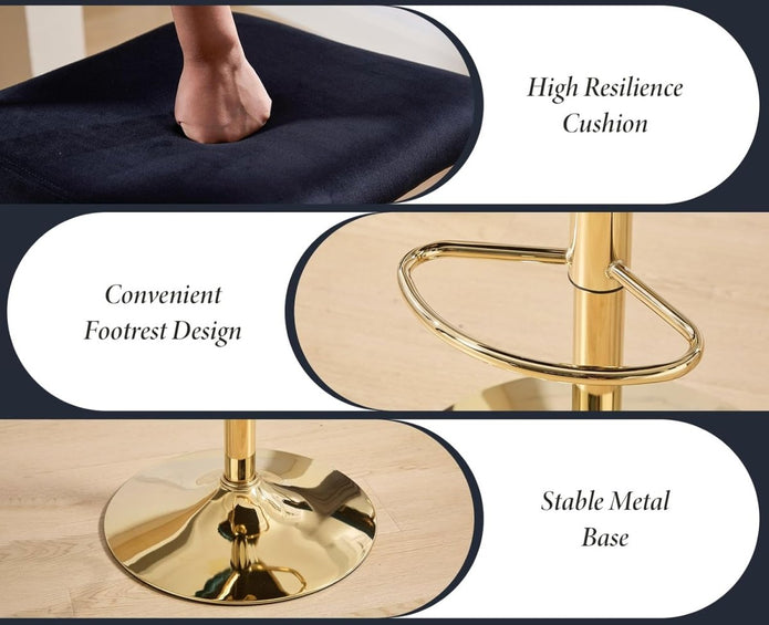 SERENITà 2x Velvet Bar Stools with Braided Back Elegant Kitchen High Chairs, Kitchen Island Stools Adjustable Height Swivel Bar Chairs with Gold Legs for — image 2