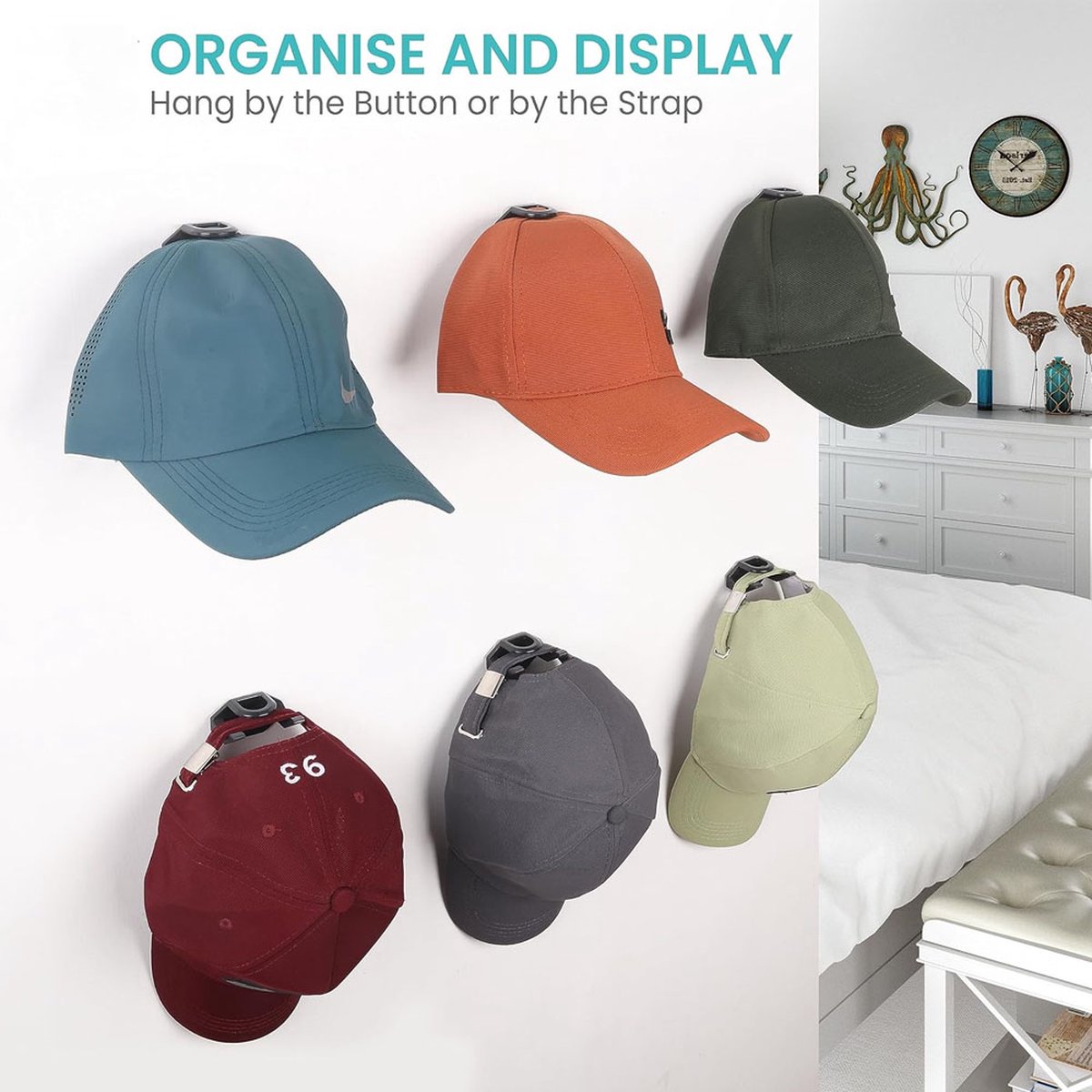 Cap Rack Set of 8 - Wall Cap Holders - Cap Hooks - With Screws and Tape - Two Installation Methods - Cap Rack Coat Rack - Cap Rack Storage System - Cap Storage — image 3
