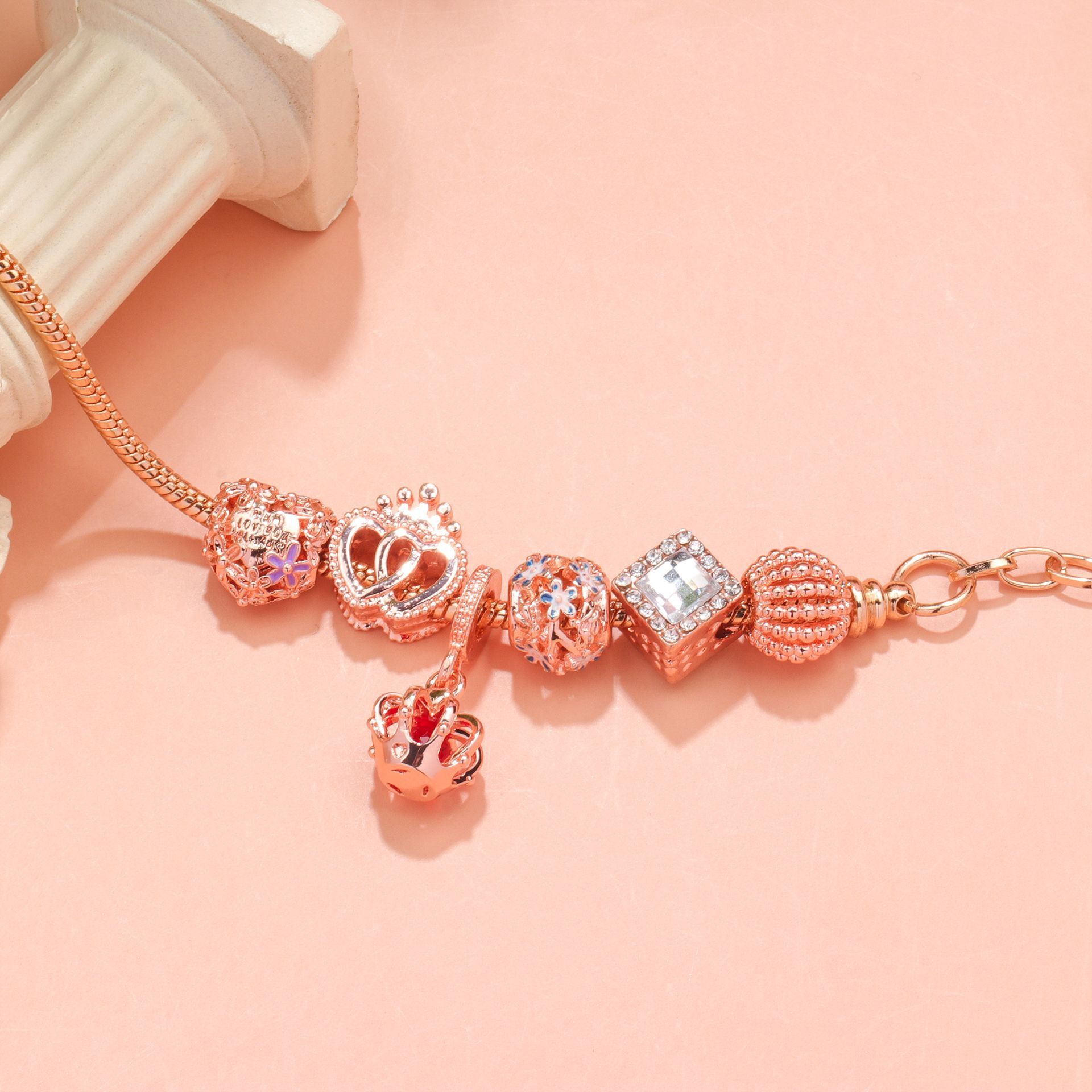 Hollow-out Rhinestone Heart Flower Charm Bracelet(rose gold, 19cm) โ image 2