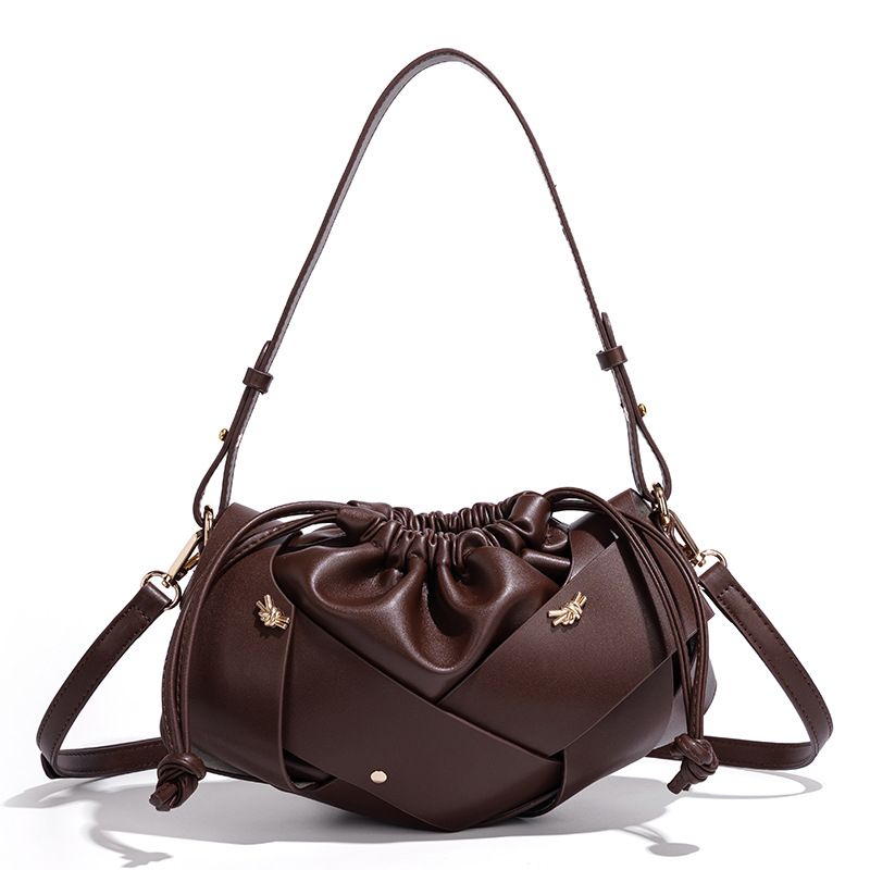 Handwoven PU Leather Drawstring Shoulder Crossbody Bag, Large Capacity Stylish Commuter Handbag with Structured Shape & Alloy Deco, Coffee 29x10x15.5cm