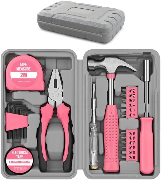 24-Piece Pink Multifunctional Home Tool Kit for Women - Compact Mini Starter Hardware Set with Hammer, Pliers, Screwdrivers - Portable Household Hand Tools for