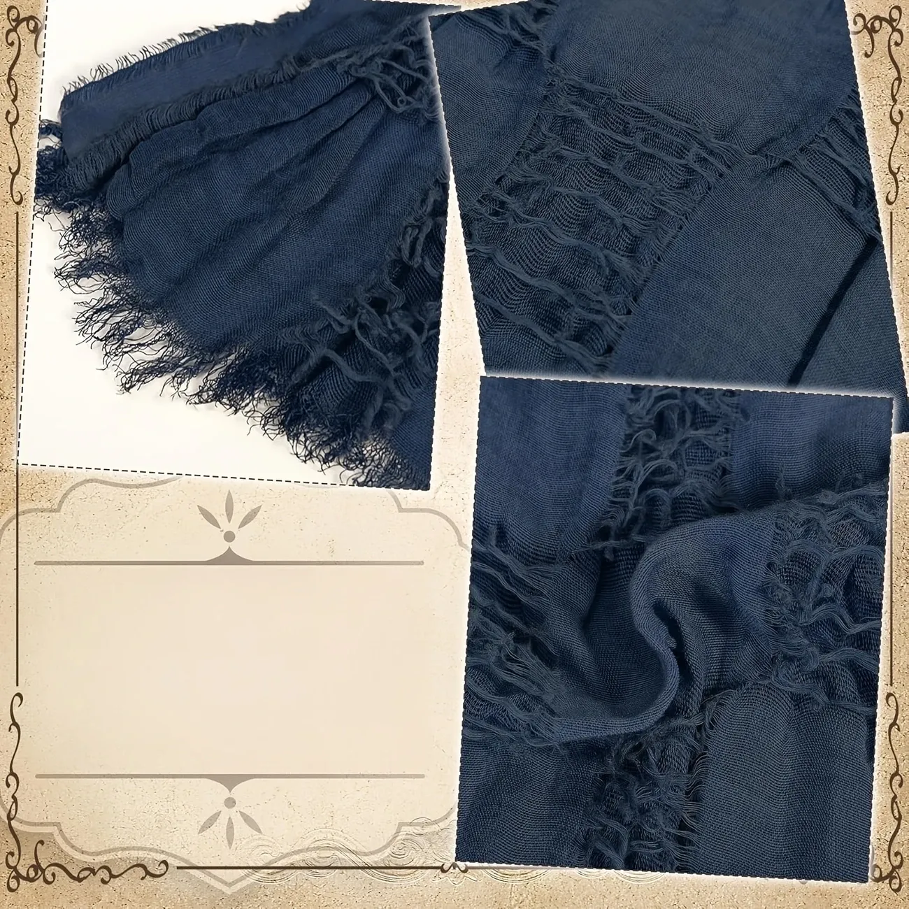 Distressed Linen Blend Shawl Grunge Fringe Scarf, Celtic Retro Unisex Bohemian Wrap with Brooch for Fall Winter./dark blue — image 2