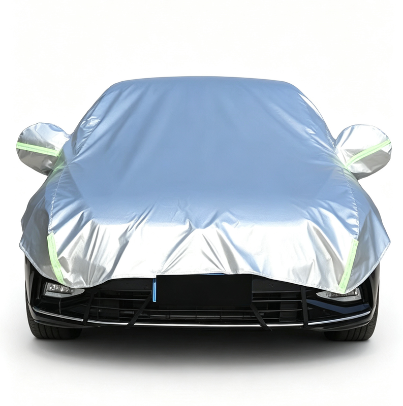 Half Car Cover Sedan with Green Reflective Strip,All Weather Car Body Cover for Sun, Rain, Dust(Fit medium sedans,medium SUVs Length 4.5m to 5.2m)-silver — image 2