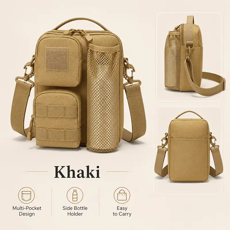 Oxford Cloth Tactical Sling Water Bottle Pouch Men, Waterproof Nylon EDC Crossbody Bag, Lightweight Outdoor Cycling Shoulder Pack/khaki