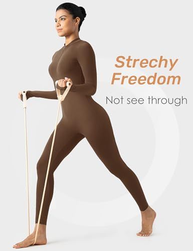 Long-Sleeve Zip-Up Bodycon Jumpsuit for Yoga, Workouts, and Casual Everyday Wear, M (Brown) — image 6