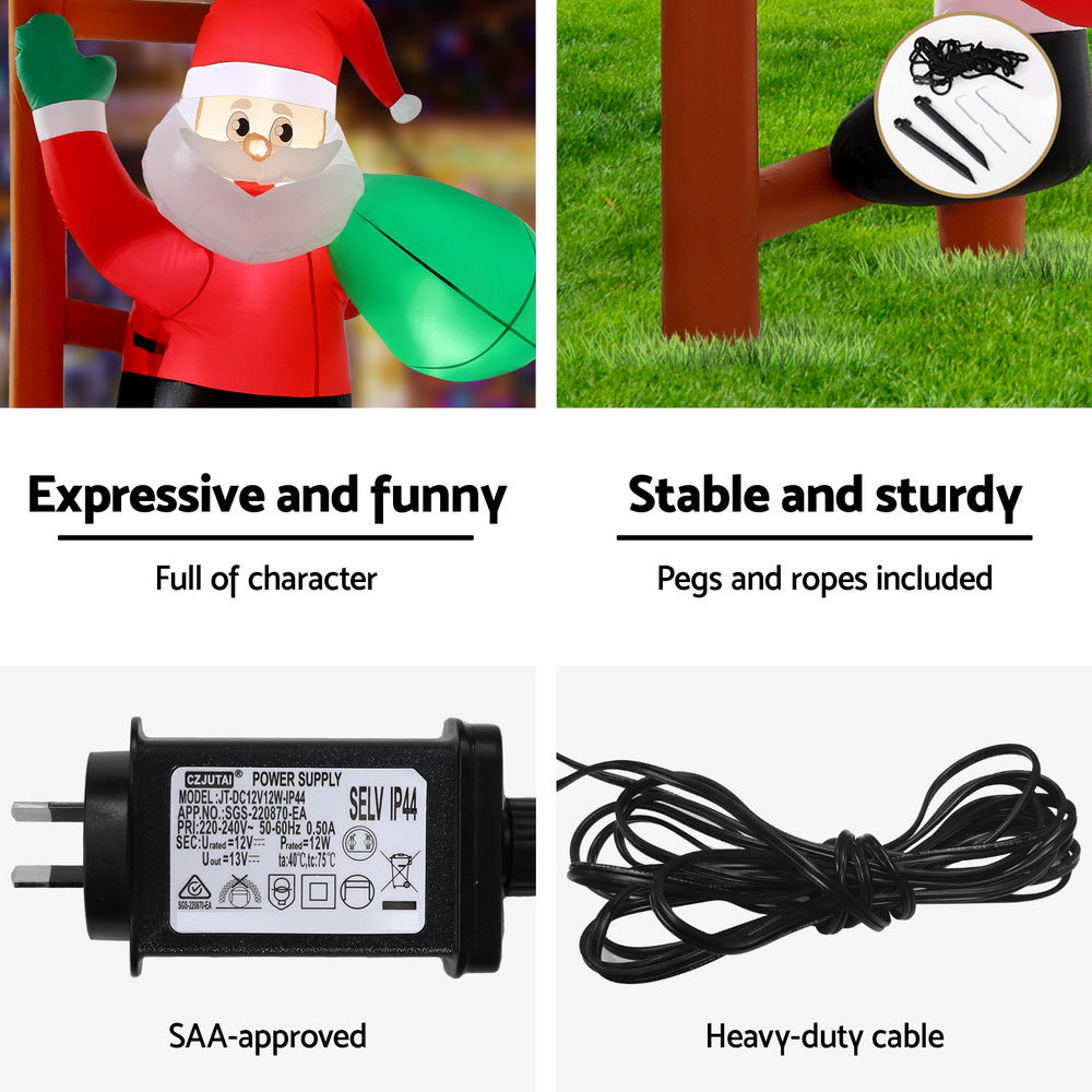 Jingle Jollys Christmas Inflatable Santa Climbing Ladder 2.45M Height LED Decorations Illuminated — image 6