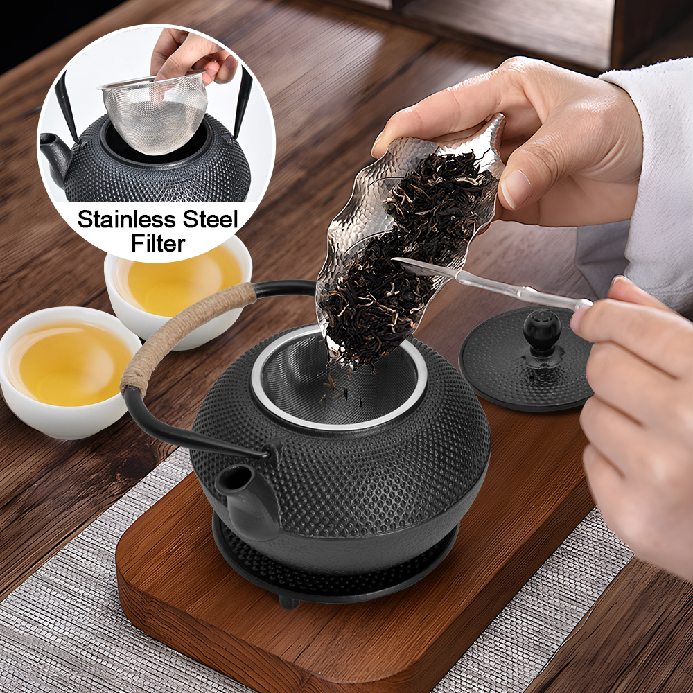 1.2L Cast Iron Teapot and Warmer Set Tea Kettle Iron Bottle With Stainless Steel Mesh Infuser and Anti-Scald Handle Compatible with Multi-Heat Source Black — image 5