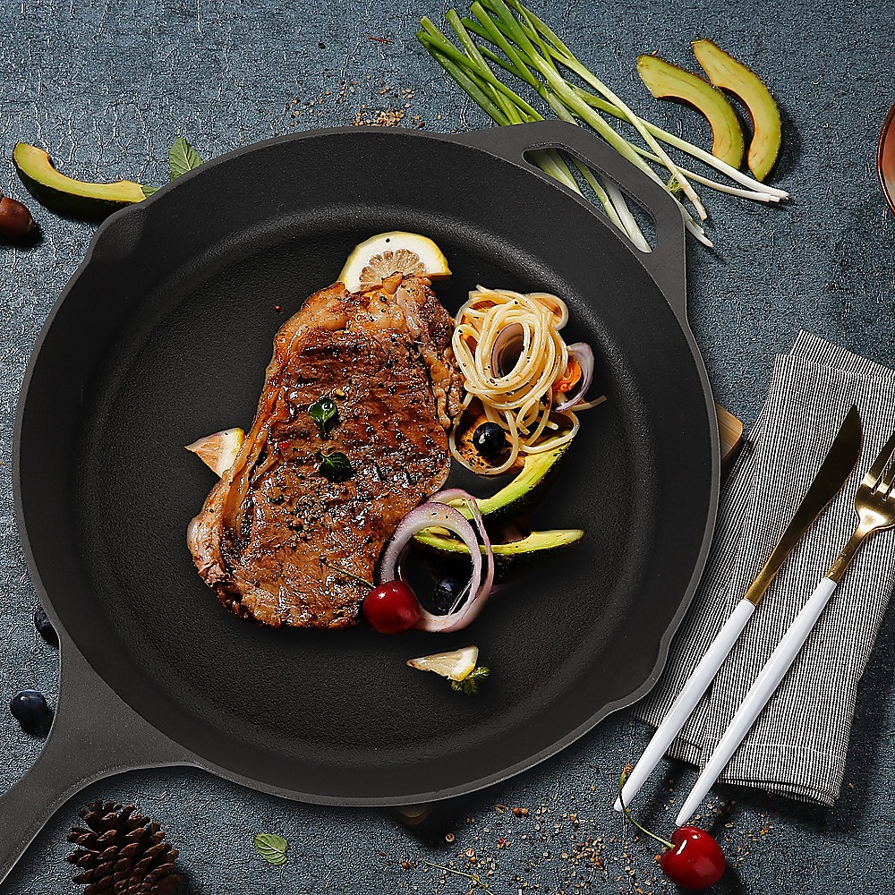 Non-stick Frying Pan Cast Iron Steak Skillet Round BBQ Grill Cookware 30cm โ image 3