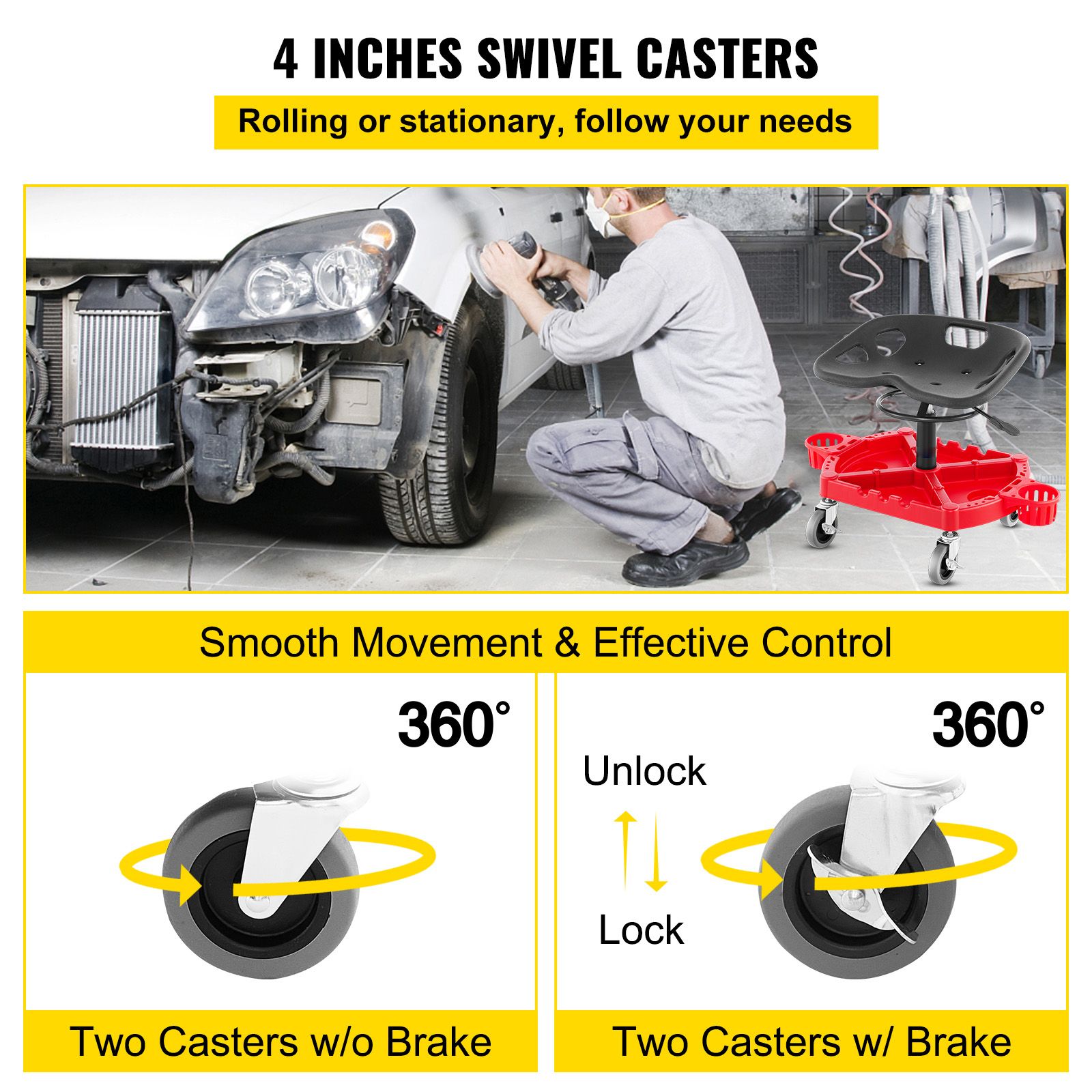 Rolling Garage Stool, 300LBS Capacity, Adjustable Height from 18 in to 23 in, 360-degree Swivel Wheels (4/"), Large Tool Tray with Two Bottle Holder, for โ image 5