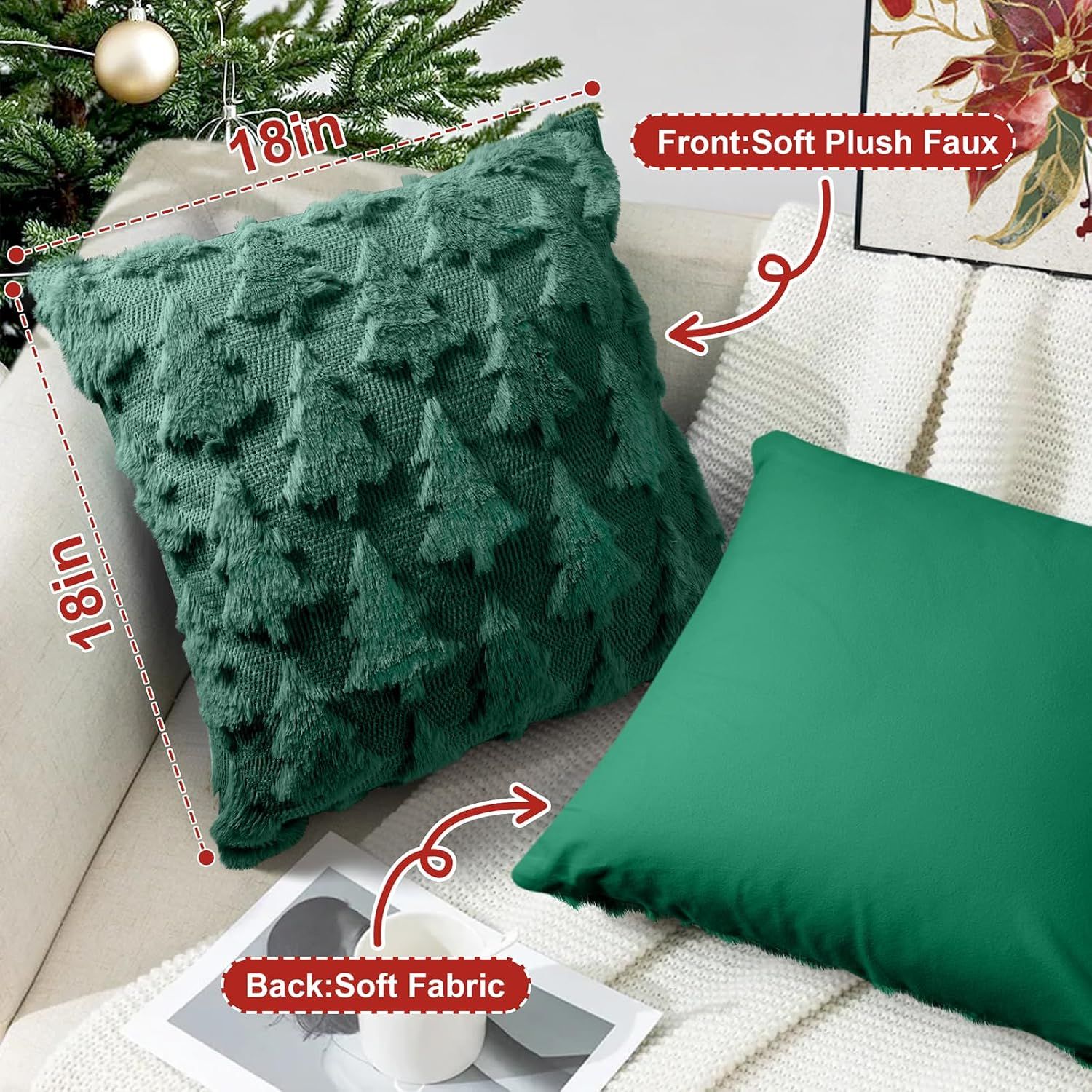 Christmas Pillow Covers 18x18 inch, Set of 2 Christmas Tree Decoration Soft Plush Faux Fur Throw Pillows Covers for Winter Holiday Festivals Bedroom — image 2