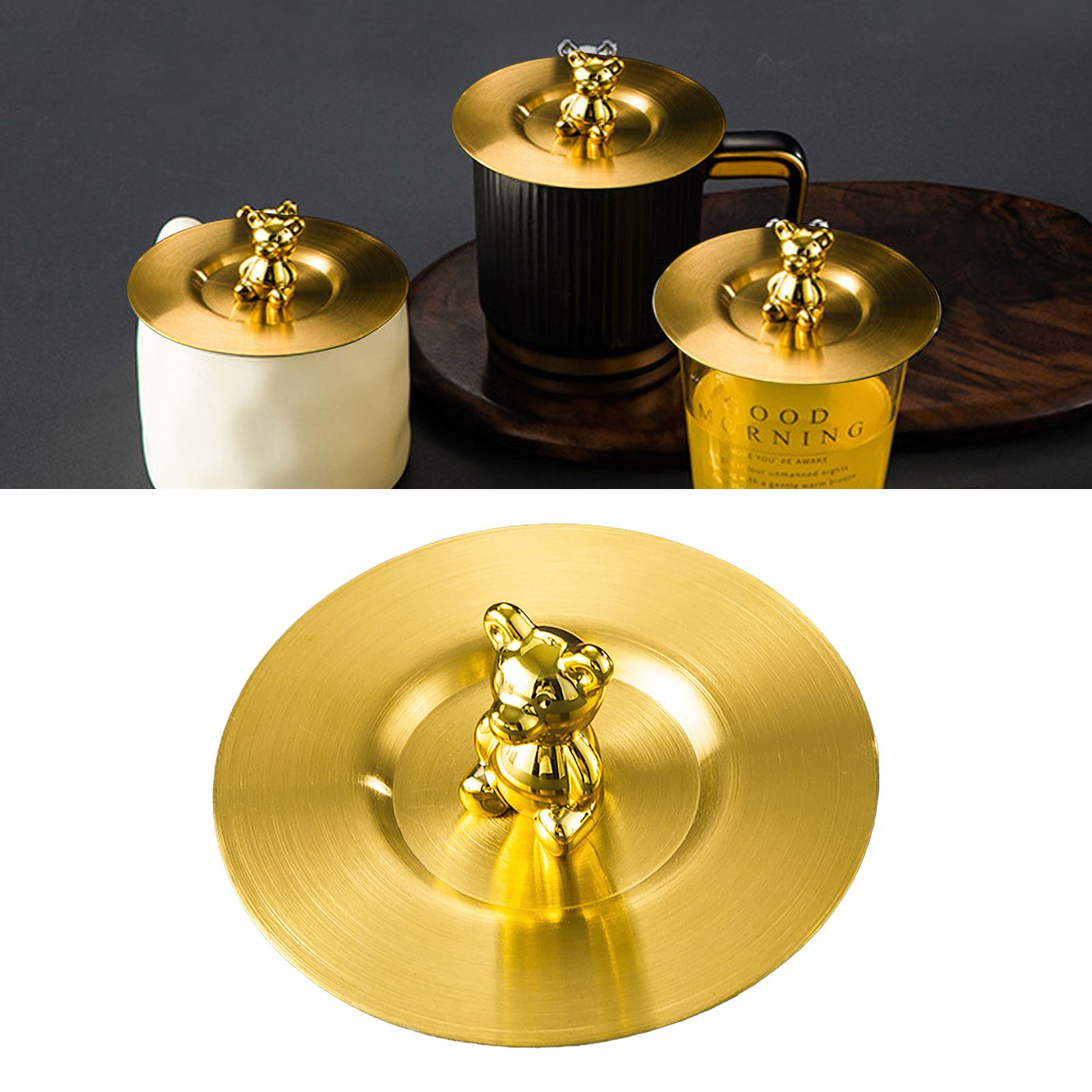 Cute Bear Cup Cover Stainless Steel Dustproof Rounded Edges Glossy Surface Artistic Cup Lid for Mug Glass Cup Gold โ image 5