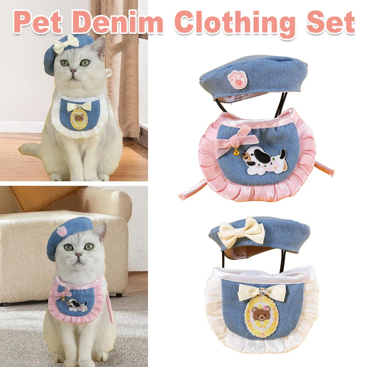 Pet Clothes Set Lace Bib with Hat Soft Cotton for Dogs Cats Wear Decoration - Pink — image 2