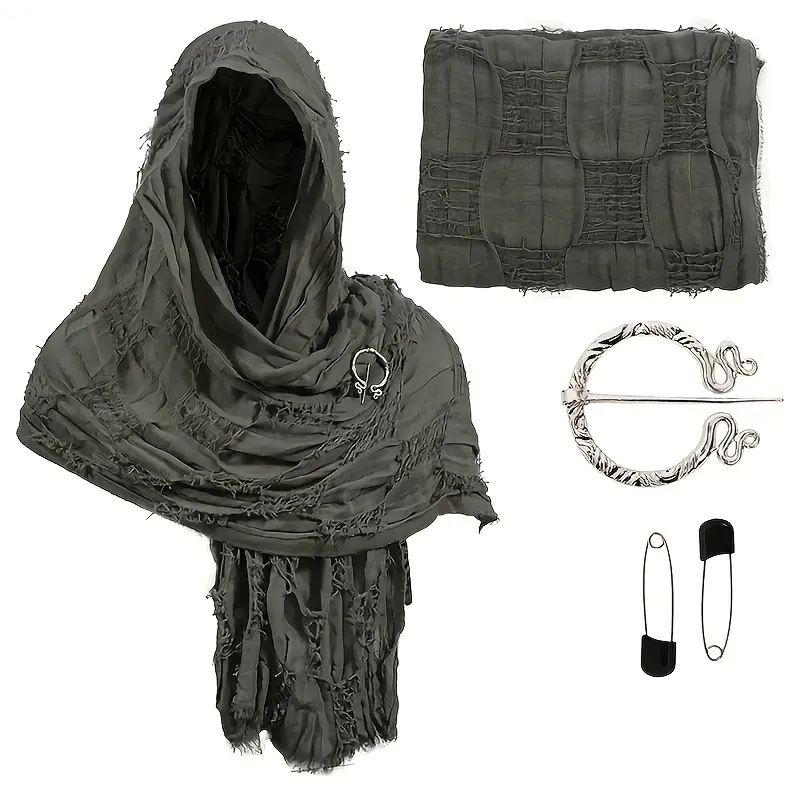 Distressed Linen Blend Shawl Grunge Fringe Scarf, Celtic Retro Unisex Bohemian Wrap with Brooch for Fall Winter./dark green