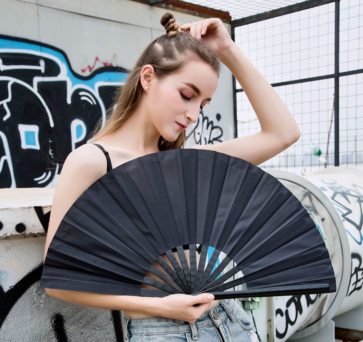 Folding Fan Black Large Hand Fan Chinese Kung Fu Tai Chi Handheld ABS Plastic Nylon Men's Folding Fan โ image 3