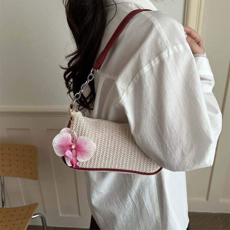 Unique Casual Woven Underarm Bag for Women, Solid Color Sophisticated Single Shoulder Purse With Orchid Pendant, Off‑White, Versatile Daily Styling — image 2