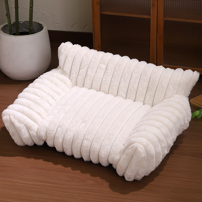 White Plush Ribbed Pet Sofa Bed for Dogs and Cats - Thickened Milk Velvet Cushion, Large Comfy Dog Sofa(50 × 40 × 20cm)