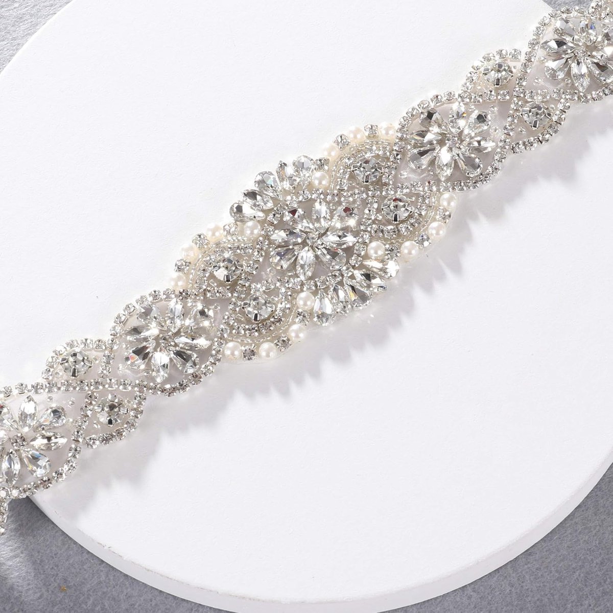 Bridal Belt Hand Rhinestone Wedding Belt Clear Crystal 55cm Long White Organza Ribbon for Wedding Dresses - Silver — image 4