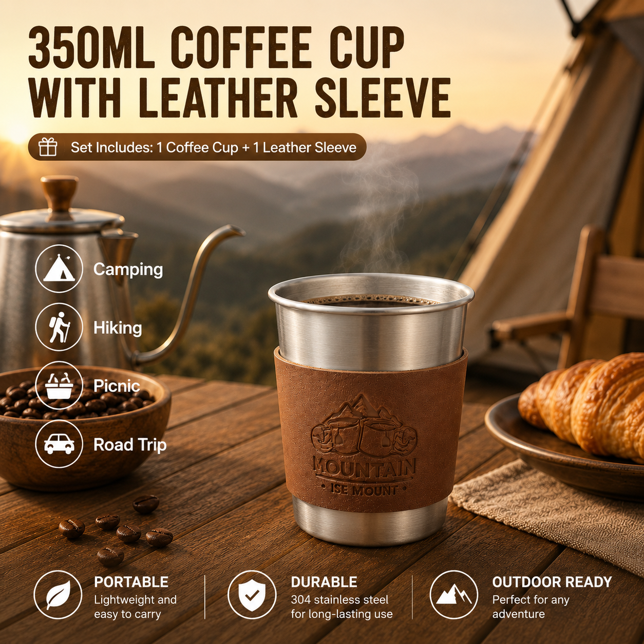 Silver 304 Stainless Steel Camping Coffee Cup with Leather Sleeve โ 350ml Portable Outdoor Drinking Cup, Beer Cup, Travel Mug for Camping, Hiking, Picnic and