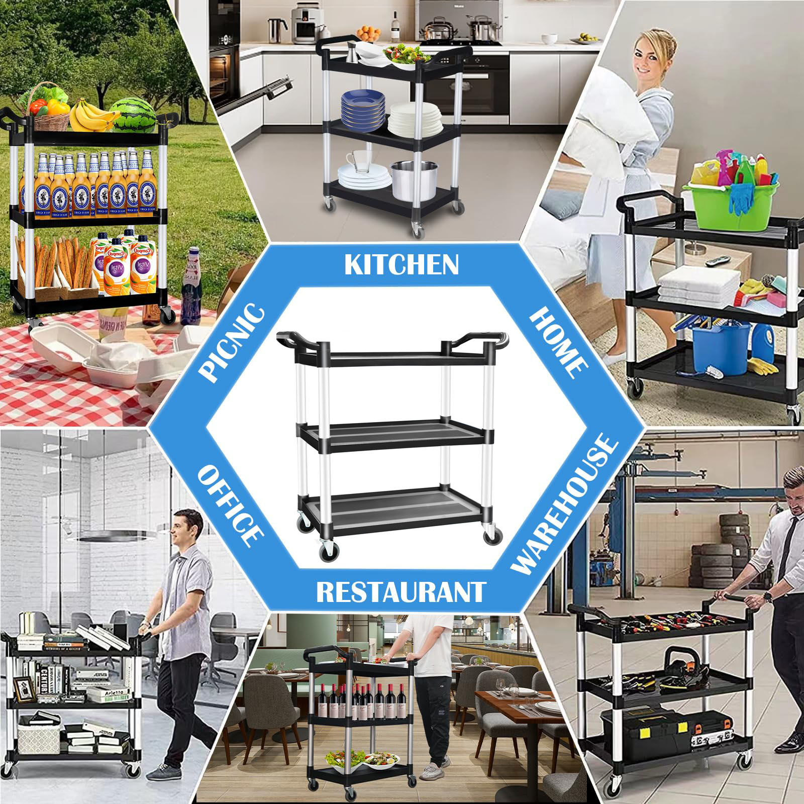 3 Tier Large Service Food Cart Restaurant Trolley Utility Cart Kitchen Catering Shelf Storage โ image 6