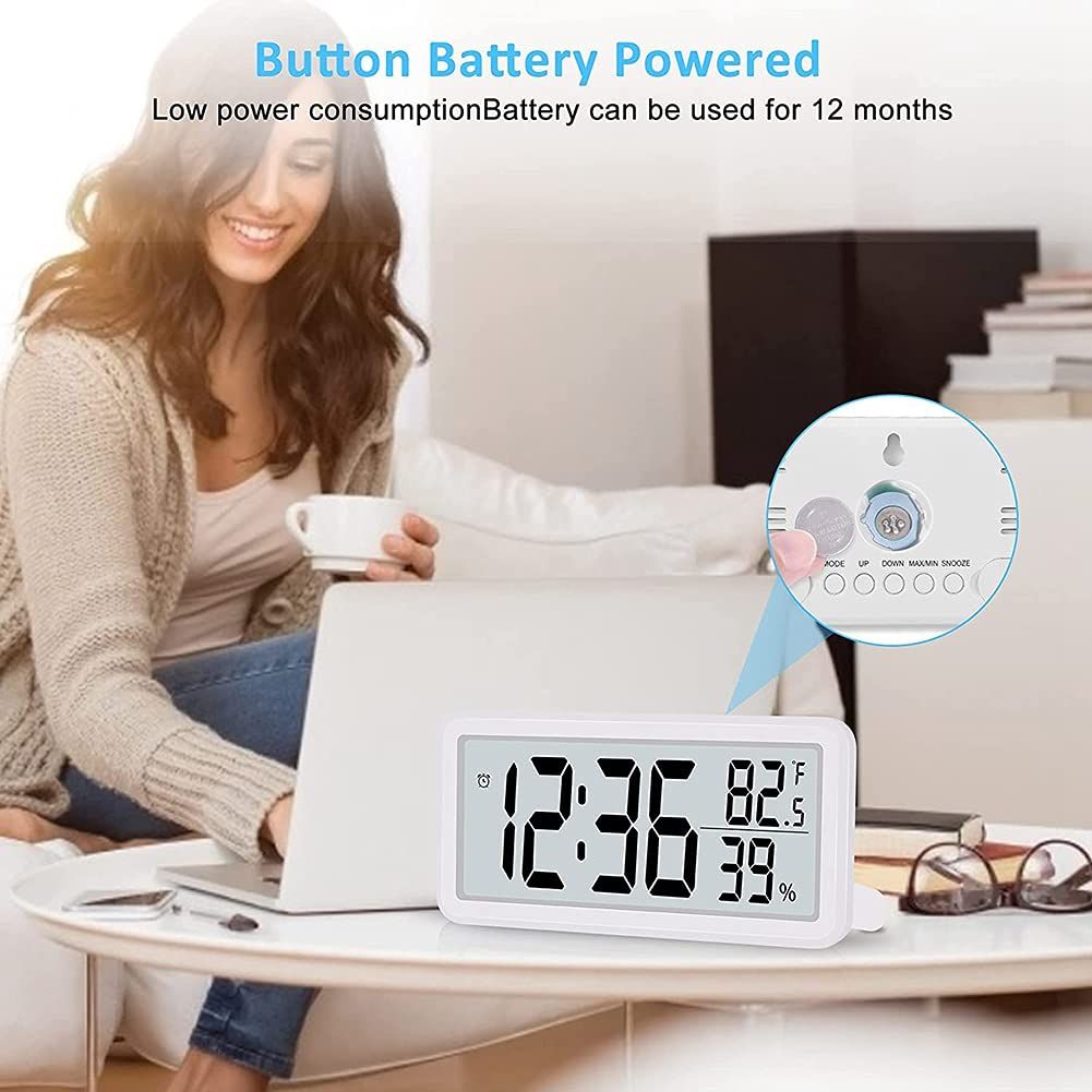 Digital,Desk Clock,Battery Operated LCD Electronic Clock for Bedroom Kitchen Office - WhiteTemperature and humidity