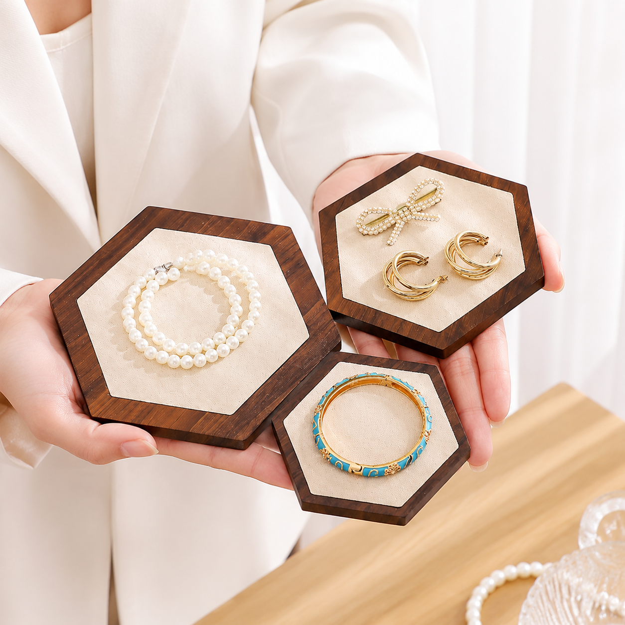 Wooden Jewelry Display Set of 3, Jewelry Storage Tray & Display Stand, Photography Background Prop for Earrings Necklaces Bracelets β image 2