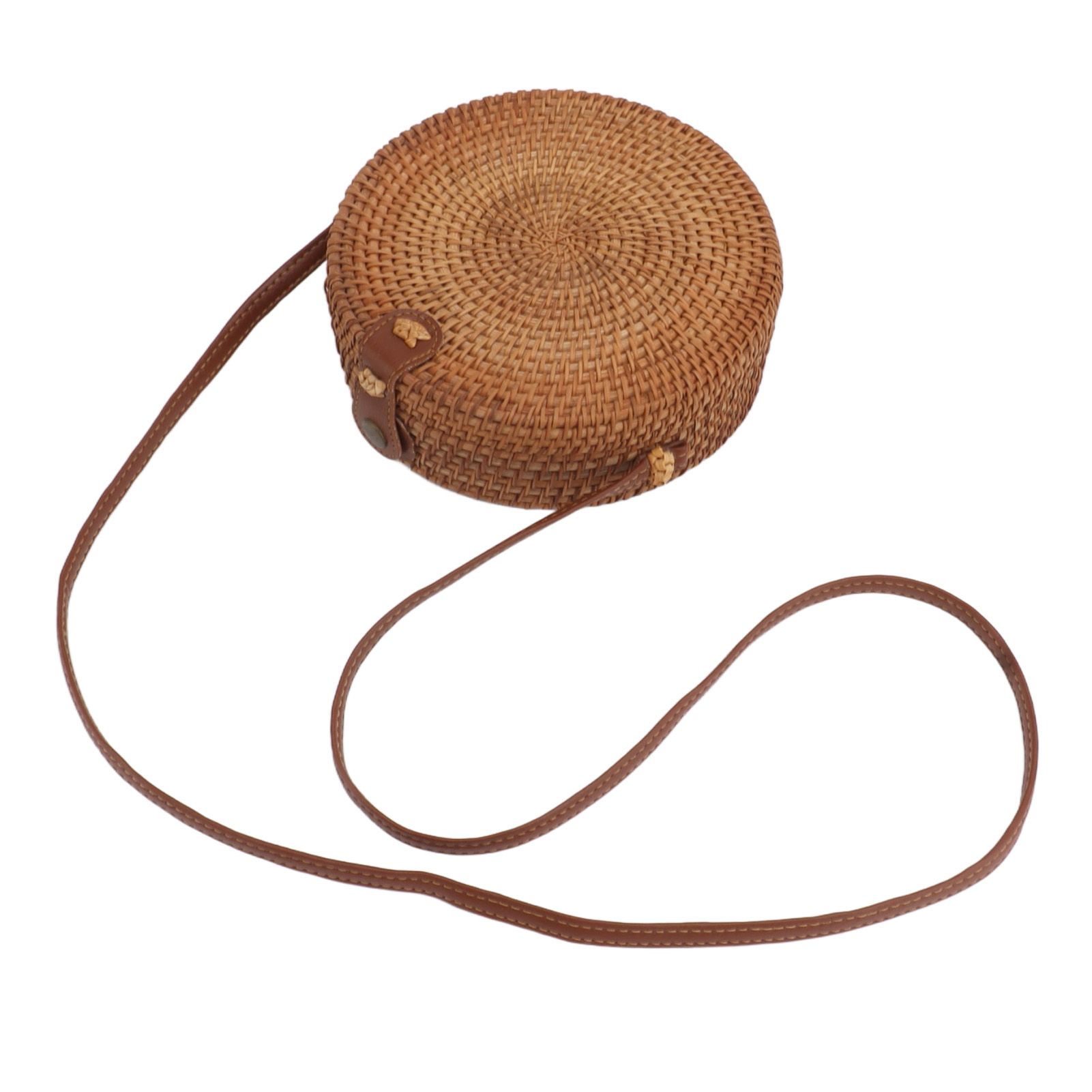 Handwoven Round Rattan Bag Tropical Beach Style Woven Shoulder Rattan Bag with Leather Strap 20cm Diameter Plain Colour Leather Buckle with Lining โ image 3