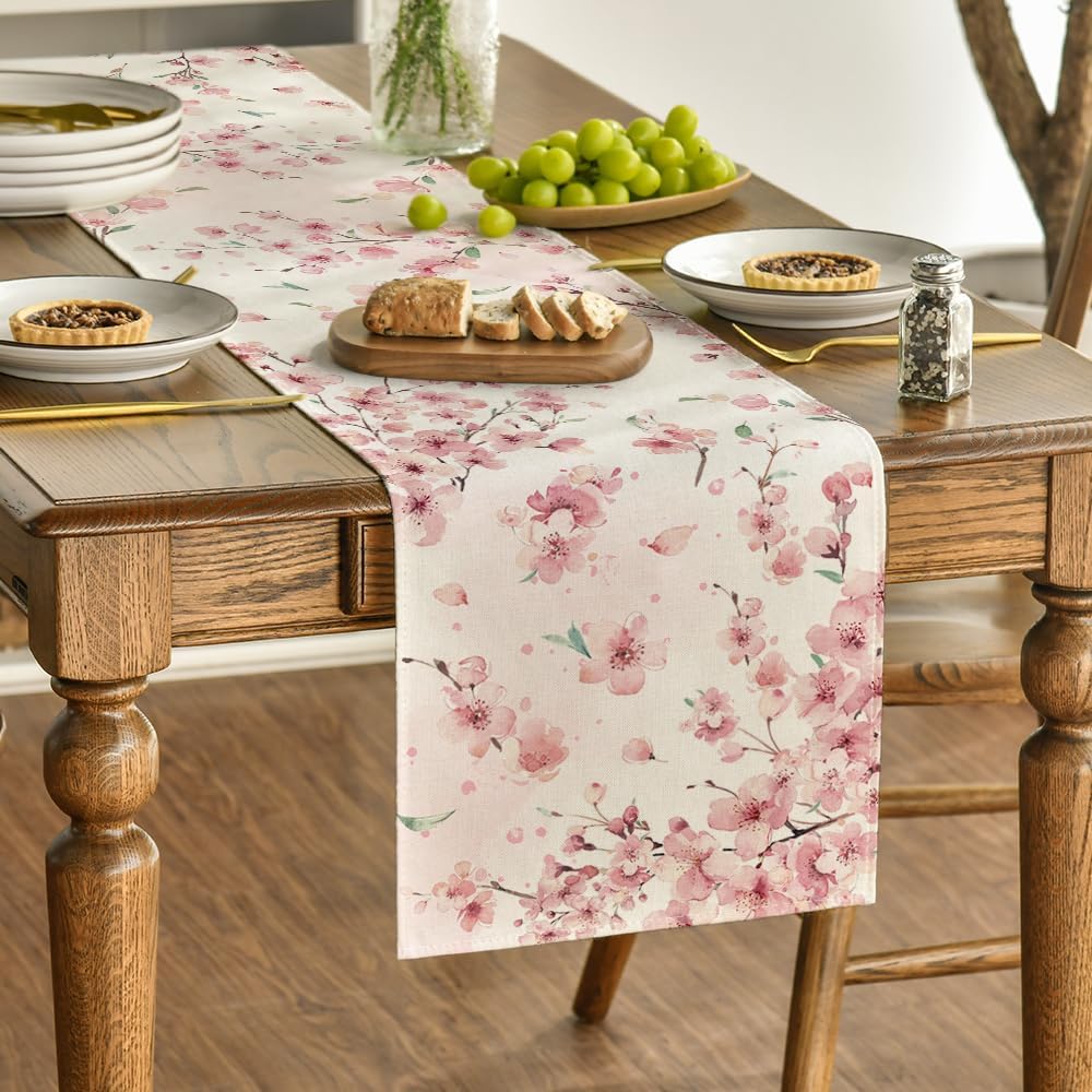Floral Cherry Blossoms Branches Summer Table Runner, Seasonal Spring Kitchen Dining Table Decoration for Home Party Decor 13 × 72 Inch — image 3