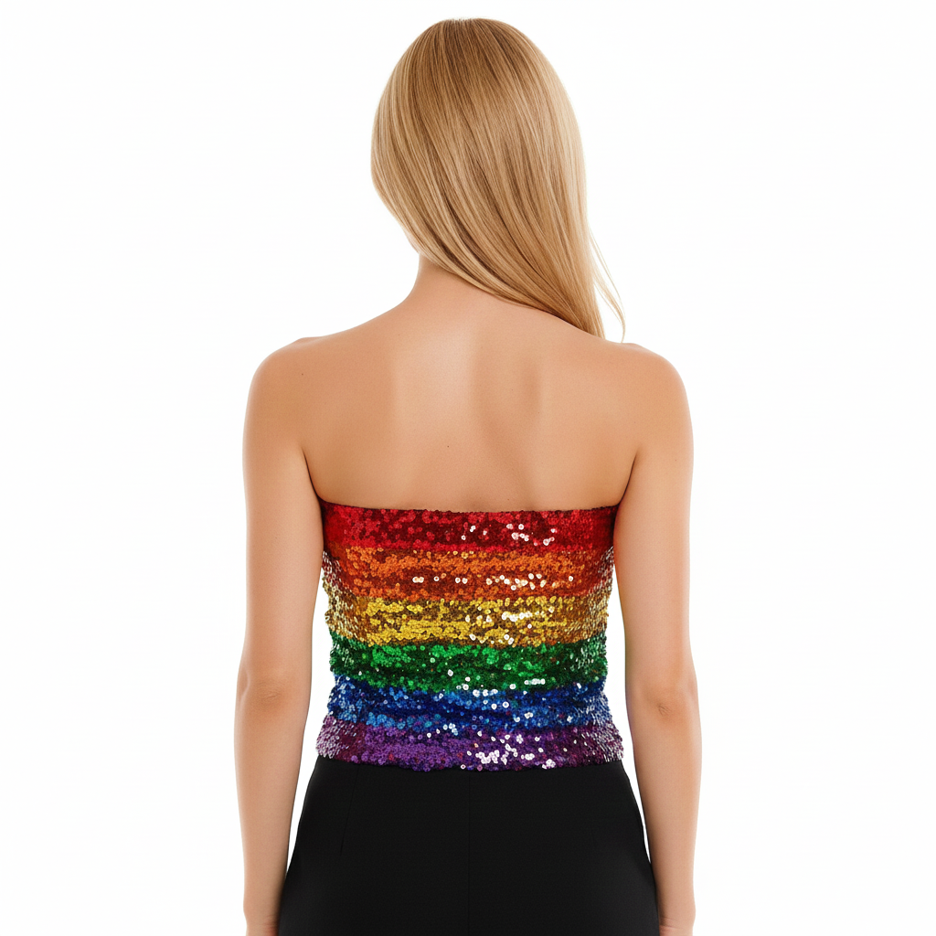 Womens SEQUIN BANDEAU CROP TOP Sparkling Sparkly Costume Tube - Rainbow — image 3