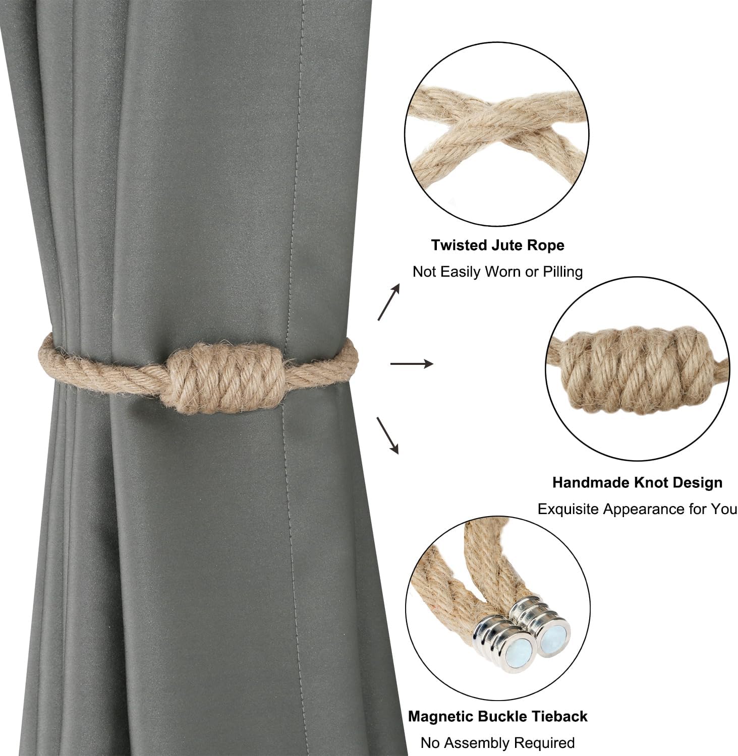 Magnetic Jute Curtain Tiebacks, Decorative Drapery Holdbacks Bohemian Style Woven Tie-Backs with Exquisite Knot (Jute, 2 Pack) β image 4