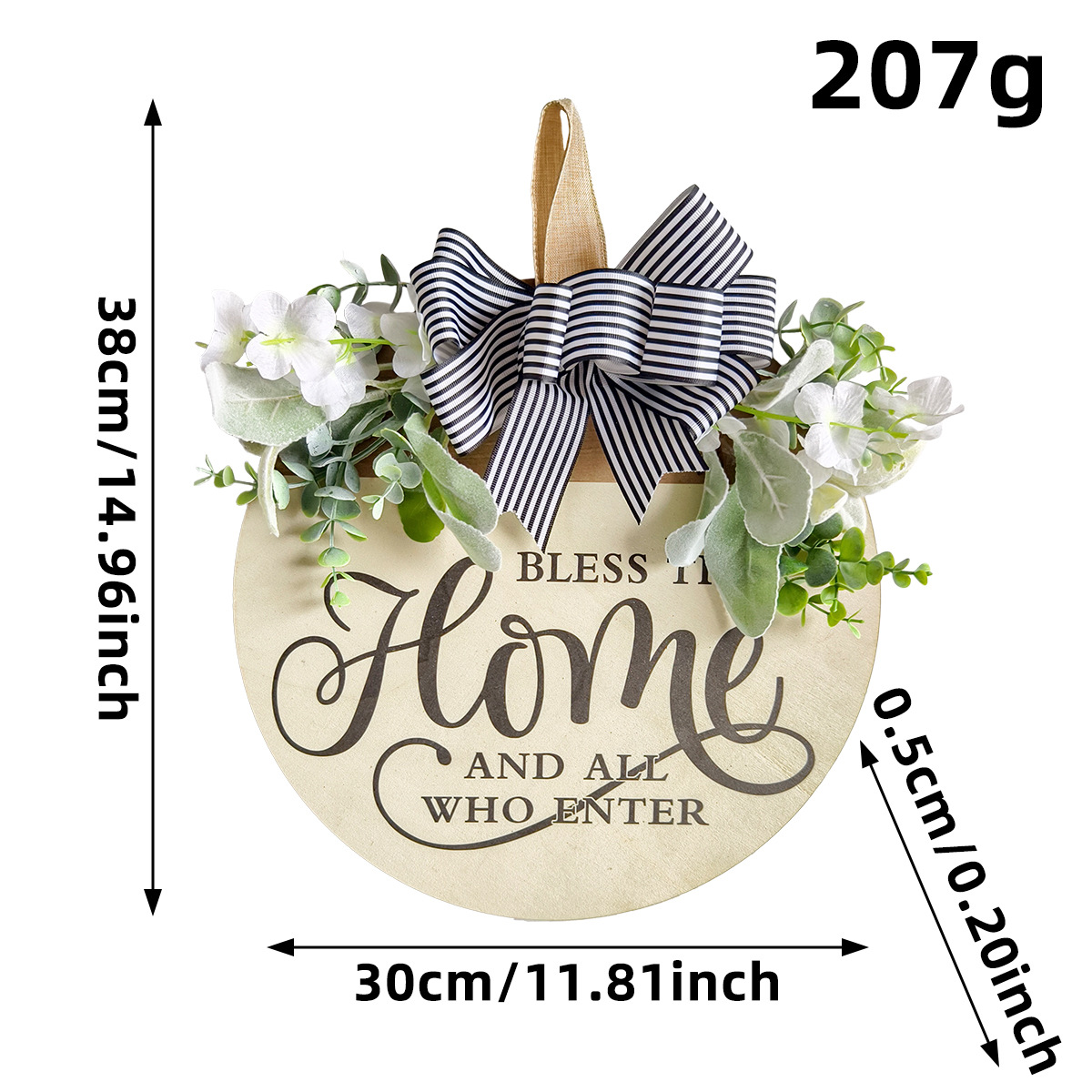 Rustic Wooden Door Hanger – "Bless This Home and All Who Enter" Round Sign with Artificial Flowers & Striped Bow for Front Door, Porch, or Entryway Decor — image 4