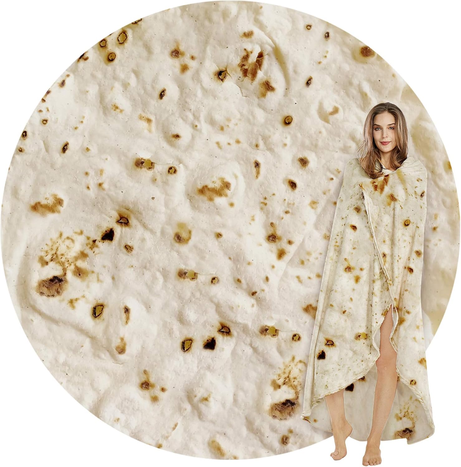 Burritos Tortilla Throw Blanket(Beige), Novelty Funny Round Blanket for Adults & Kids, Soft Flannel Tortilla Wrap Blanket(71",Adults)