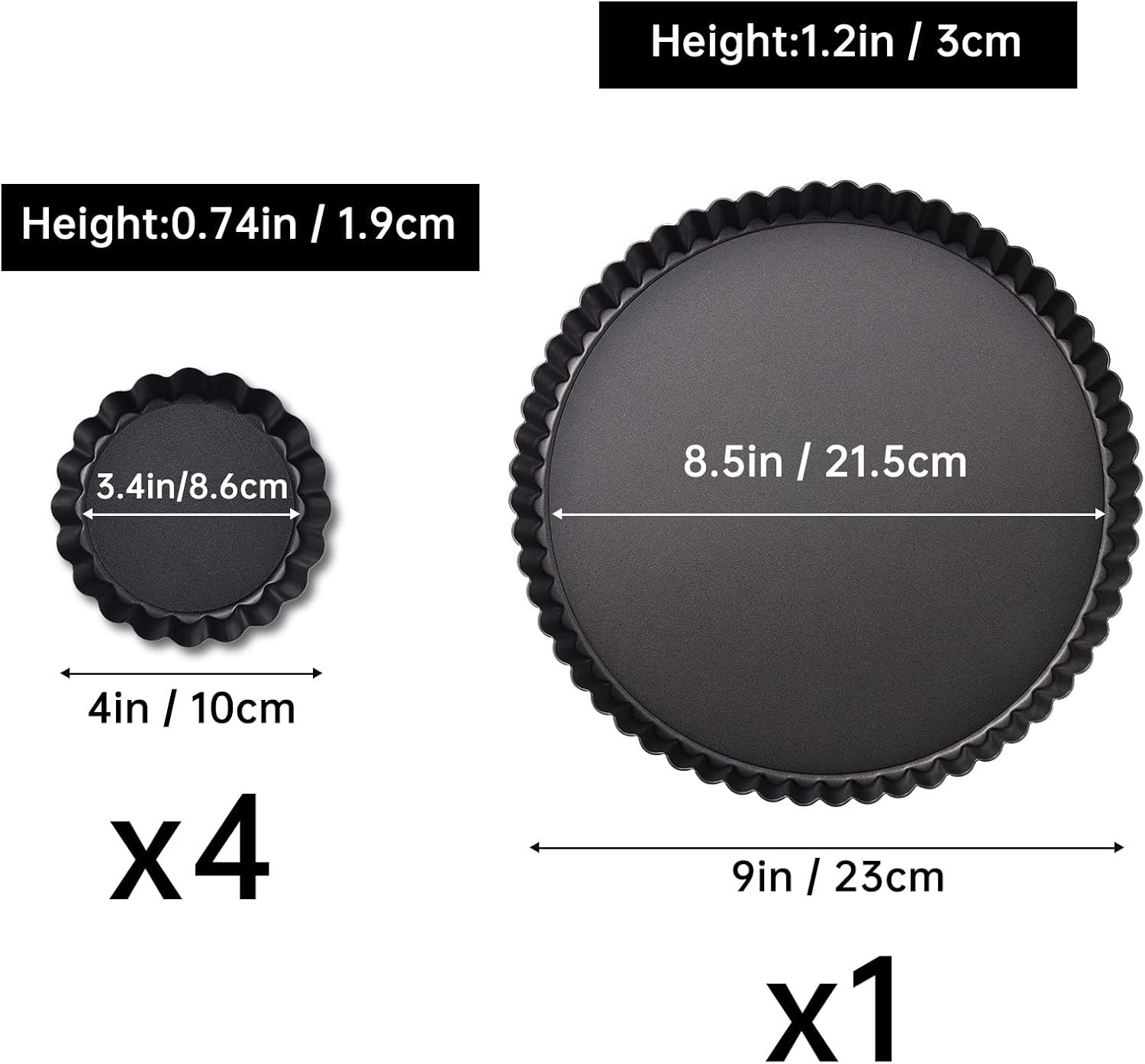 9 in Non-Stick Tart and Quiche Pan with Removable Bottom and 4 Mini Tart Pans 4-inch, Heavy Duty Fluted Side for Pies, Mousse Cakes, Dessert Baking (5 Pack) — image 3
