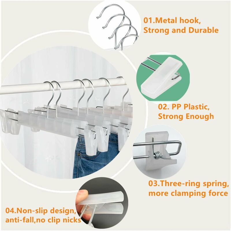 10 Pack Skirt Hangers, Trouser Hangers, With 2 Adjustable Non-Slip Clips, For Hanging Pants, Socks, Skirts - Translucent — image 3