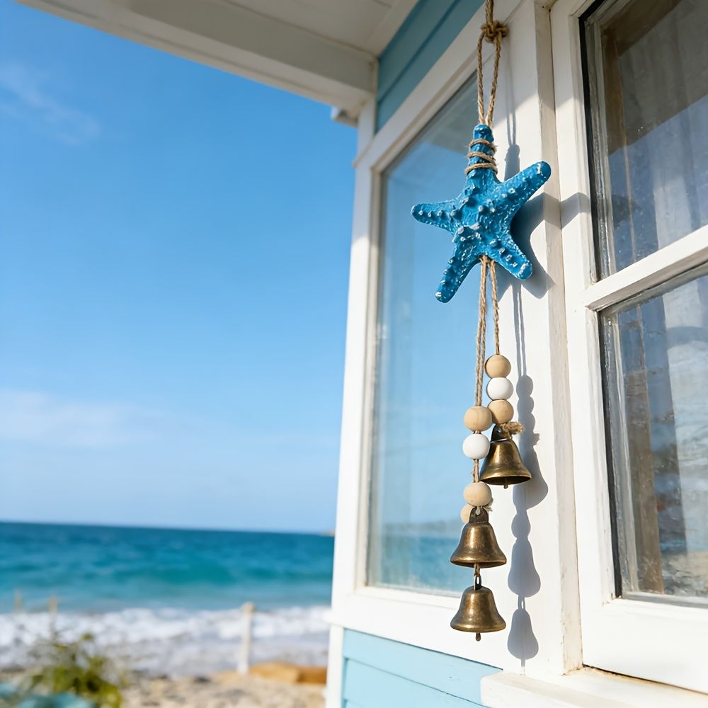 1pc Coastal Resin Starfish Wind Chime with Bells, Nautical Beach Decor for Home, Patio, Porch, Blue Starfish with Wooden Beads & Rustic Metal Bells, Ocean โ image 3