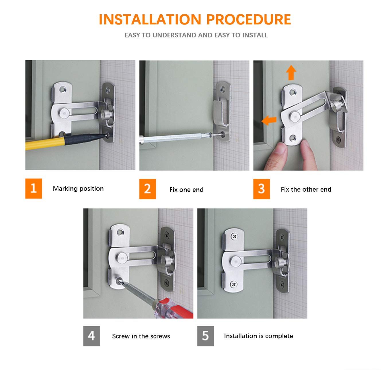 Flip Door Sliding Latch, 90 Degree Stainless Steel Latch, Safety Door Lock, Right Angle Curved Door, Buckle, Brushed Finish â image 3