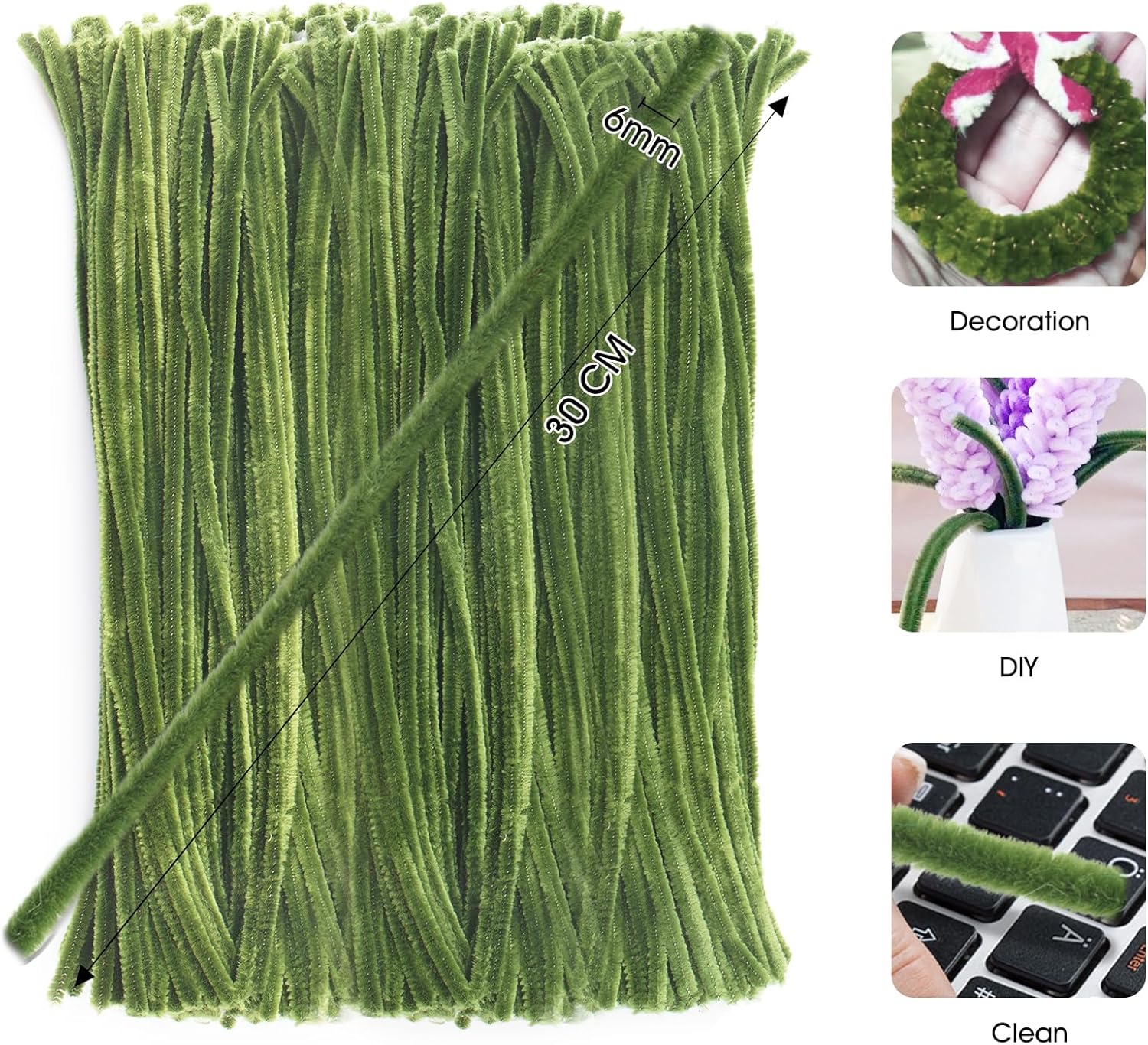200Pcs Christmas Green Pipe Cleaners - Crafting Pipe Cleaners Chenille Stems, 12 Inch Home Arts Chenille Stems for DIY Crafts, New Year Winter Decor, Holiday — image 2