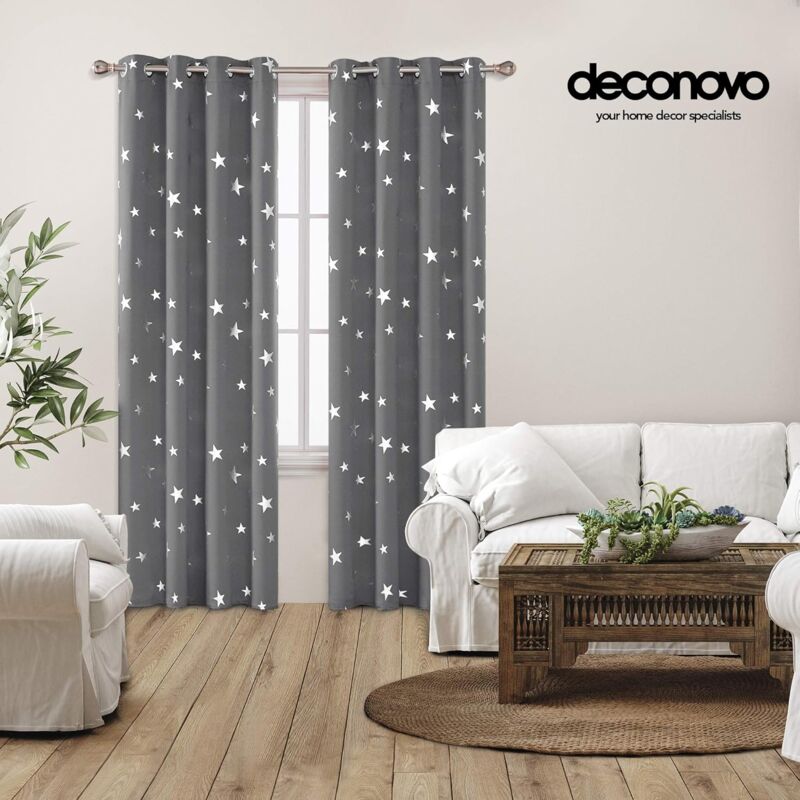 2 pcs Set Thermal Blackout Curtains Anti Cold Silver Star Pattern Eyelet Curtains 132 × 245Cm Light Grey — image 2