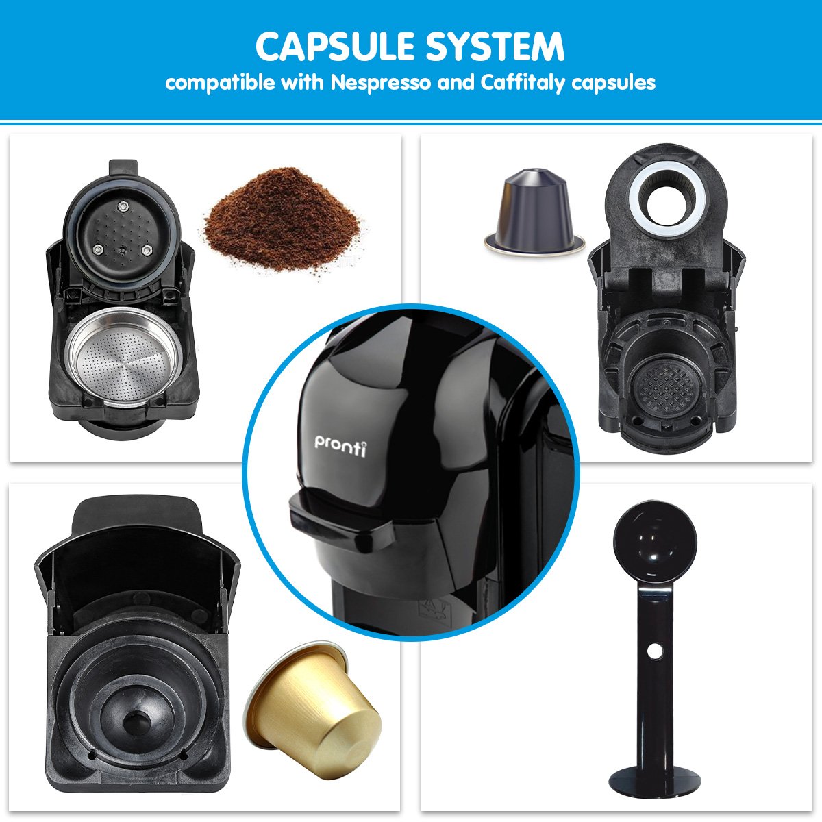 Pronti HomeMaid 3-in-1 Coffee Machine Multi-Capsule Pods and Ground Coffee Nespresso & Caffitaly Compatible CM-511HM โ image 5