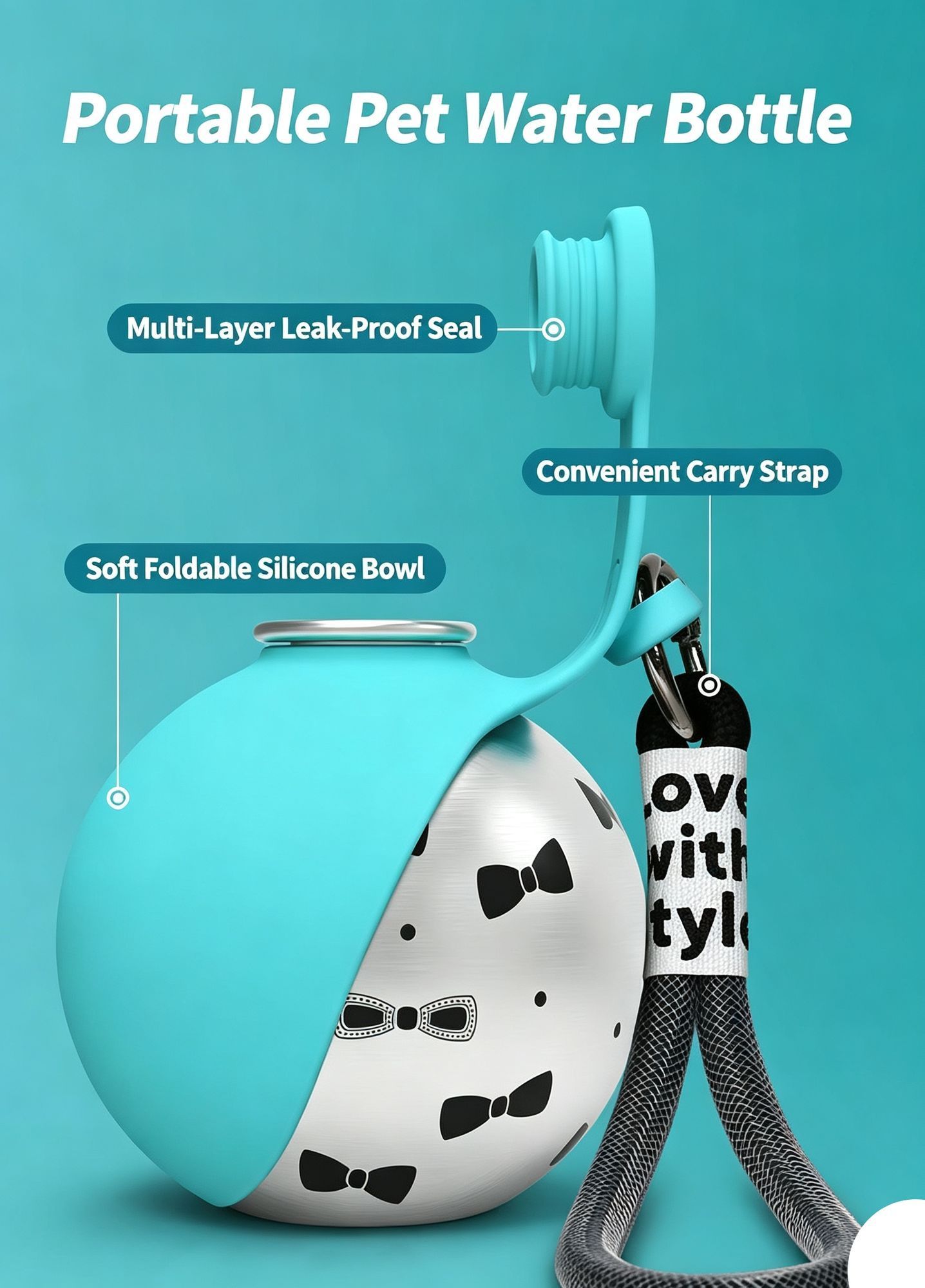 304 Stainless Steel Outdoor Pet Water Bottle, Tiffany Blue Printed Water Container With Black Lanyard, Collapsible Silicone Dog Bowl, Portable ā image 6