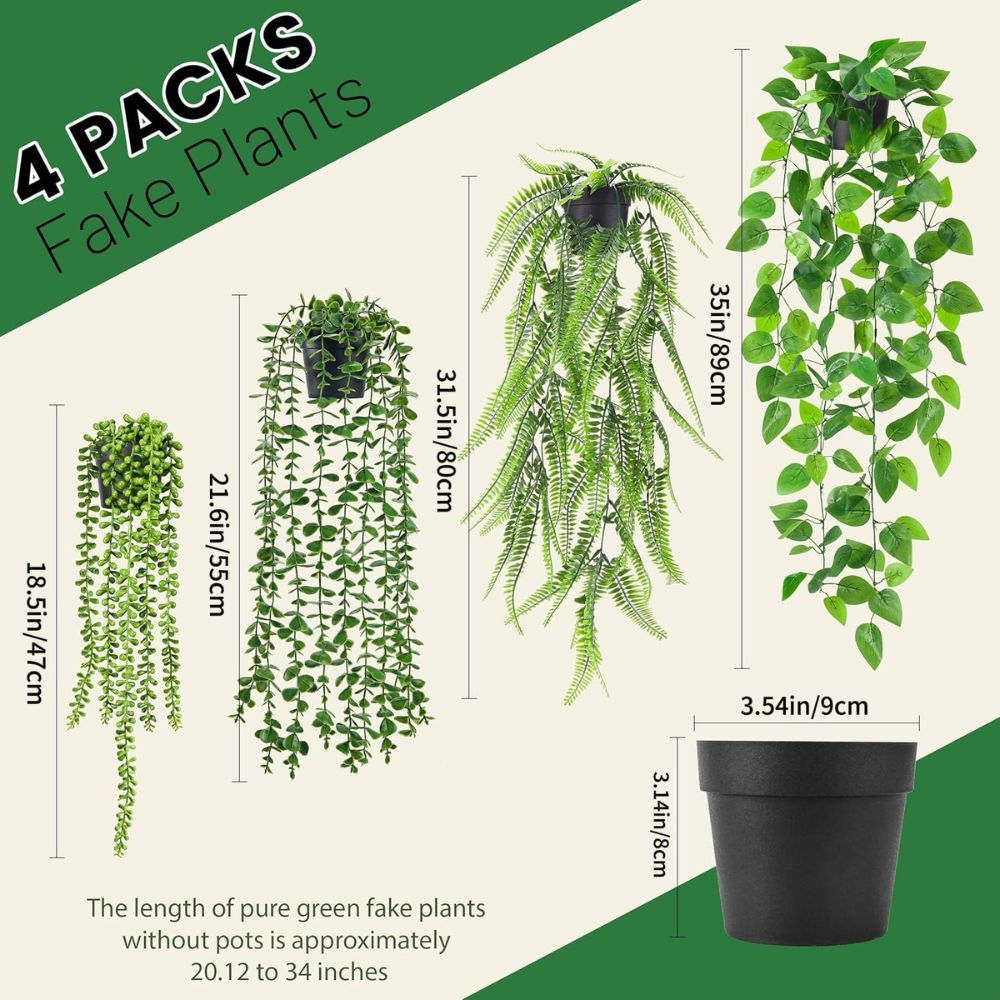 Set of 4 Artificial Hanging Trailing Plants, Fake Eucalyptus, String of Pearls, Boston Fern & Heart Leaf Pothos Vines, Low Maintenance Faux Potted Greenery for โ image 5