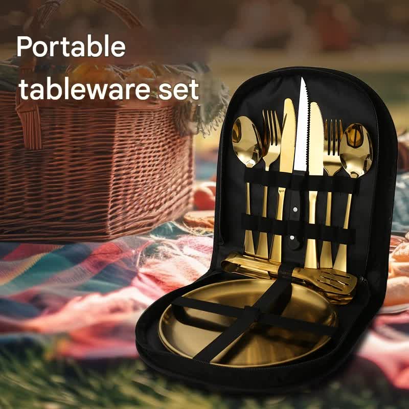 6-Piece Portable Stainless Steel Cutlery Set with Plate and Bag - Gold, Great for Camping and Travel (Teaspoon) โ image 2