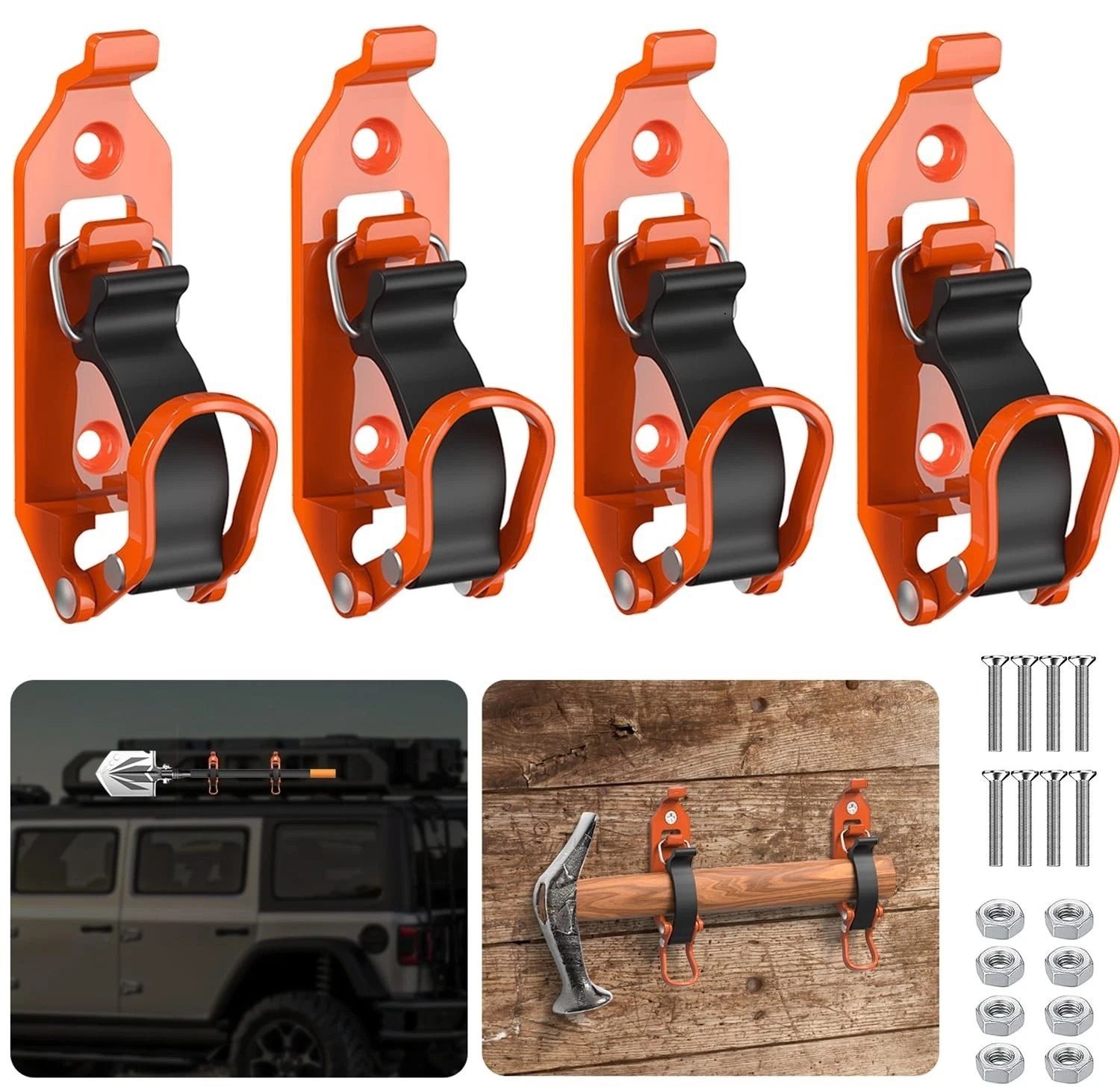 8 Pcs Shovel Holder, Heavy Duty Shovel Mounts for Roof Rack, Quick Release Axe Holder Mount Kit, Metal and Rubber Car Accessories Garage Storage Wall Mounting — image 5