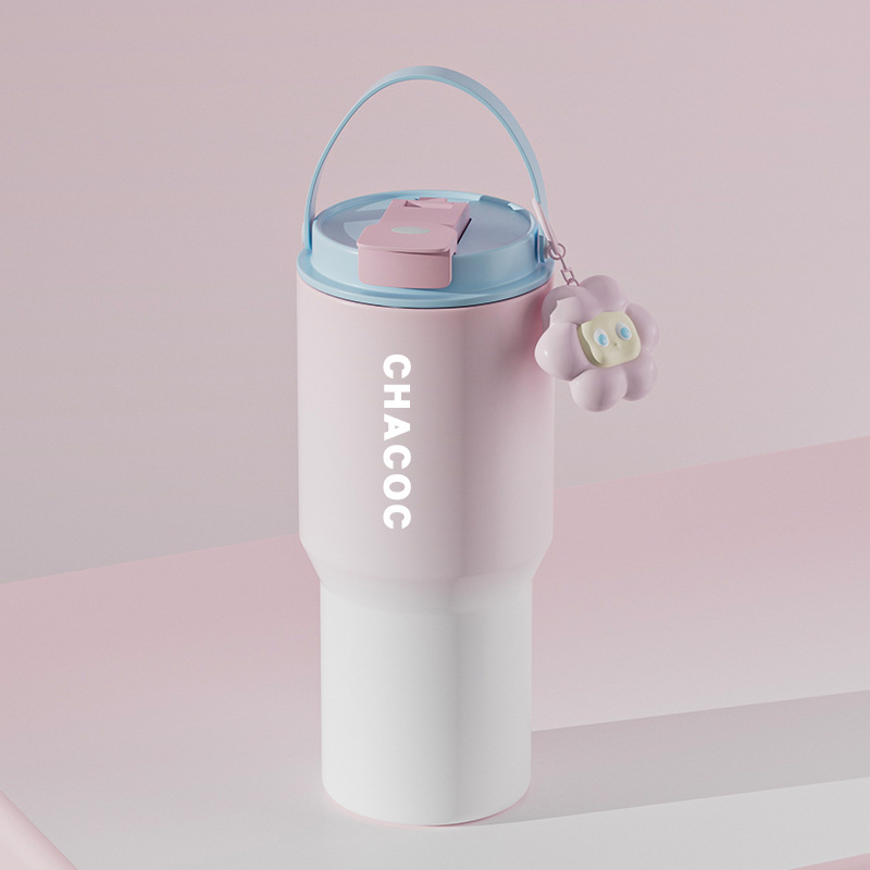 304 Stainless Steel Insulated Tumbler, Large Capacity with Handle and Cute Cloud Accessory(Pink)