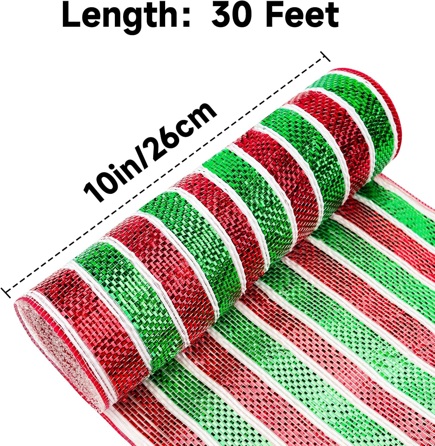Red and Green Mesh Ribbon - 10 Inch Metallic Foil Stripe Decor for Christmas Tree, Wreaths, DIY Crafts, Valentine's Day β image 2
