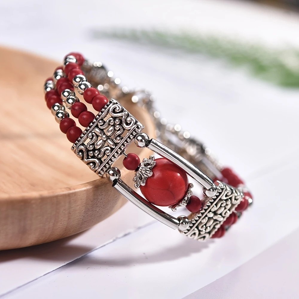 2PCS Ethnic-style Vintage Open Bracelet, Turquoise Beads with Silver Carved Accents, Bohemian Exotic Charm, a Personalized Accessory for Daily and Travel โ image 5