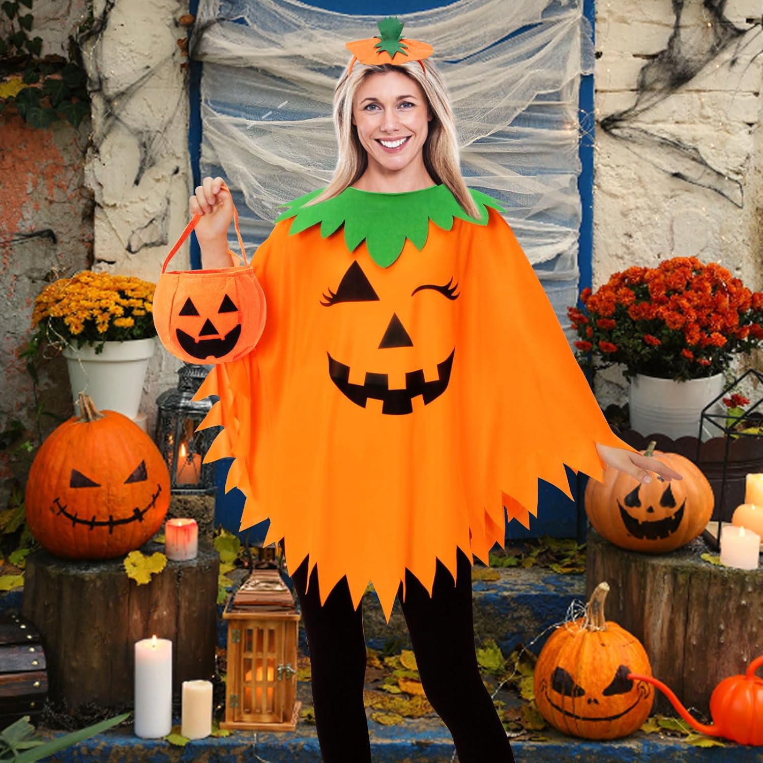 3PCS Halloween Pumpkin Costume for Women,Pumpkin Poncho for Adults with Headband & Bag,Halloween Costume for Women — image 2
