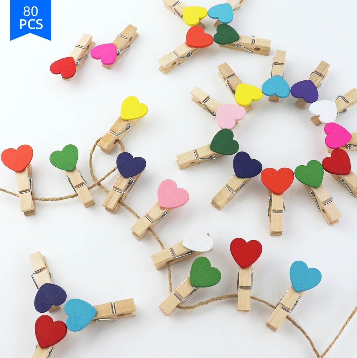 80 Pieces Wooden Heart Clothespins Mini Photo Clips Colorful Small Clothes Pins for Crafts Picture Paper Hanging Natural with Jute Twine Wedding Party Photos — image 4