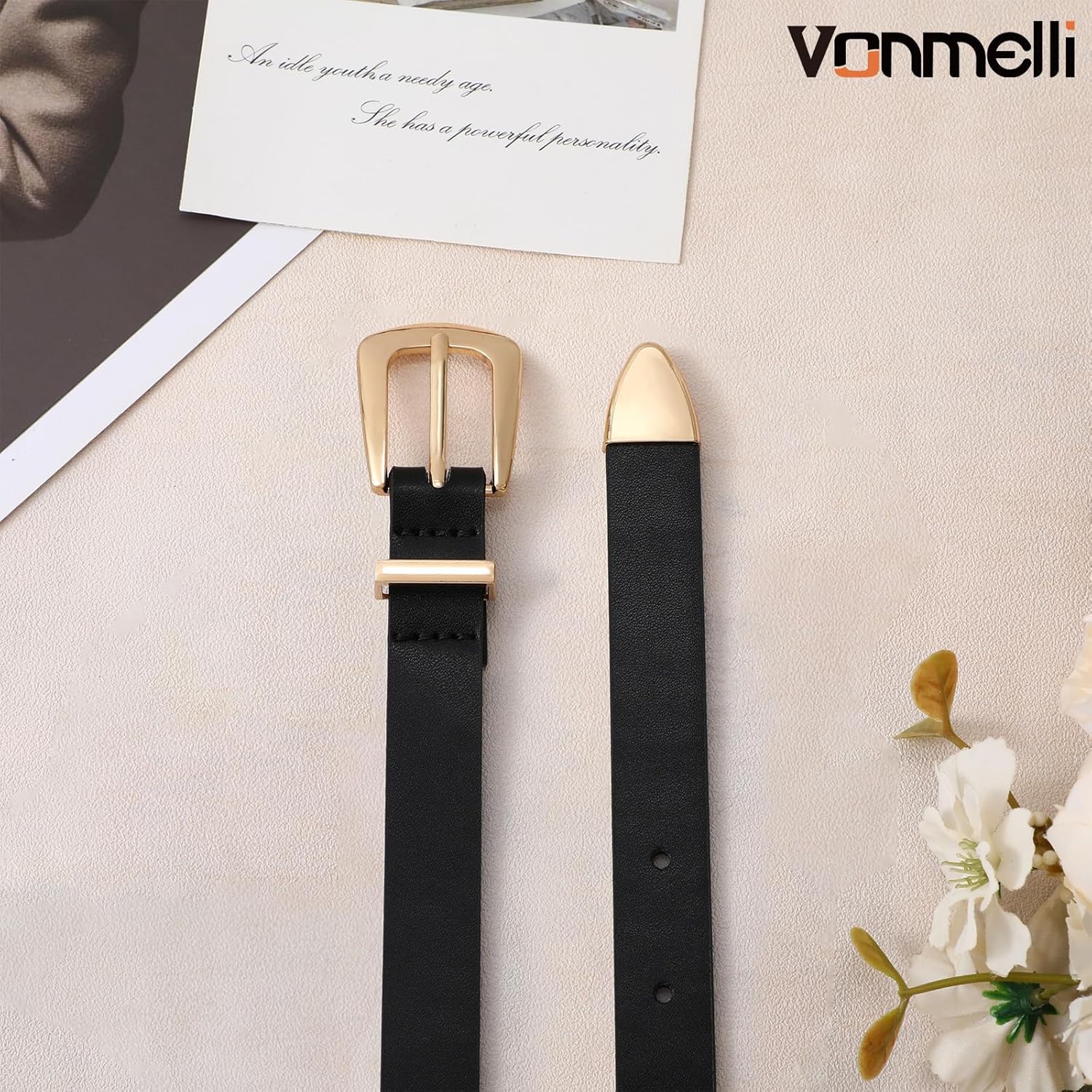 Women Skinny Leather Belt for Jeans Dress Black Thin Waist Belt Ladies Belt with Gold Buckle, M โ image 2