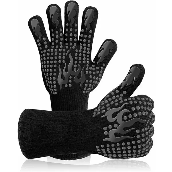 1 Pair Heat Resistant Aramid BBQ Grill Gloves with Non-Slip Grip for Ovens, Kitchens, Camping and Outdoor Cooking, Black