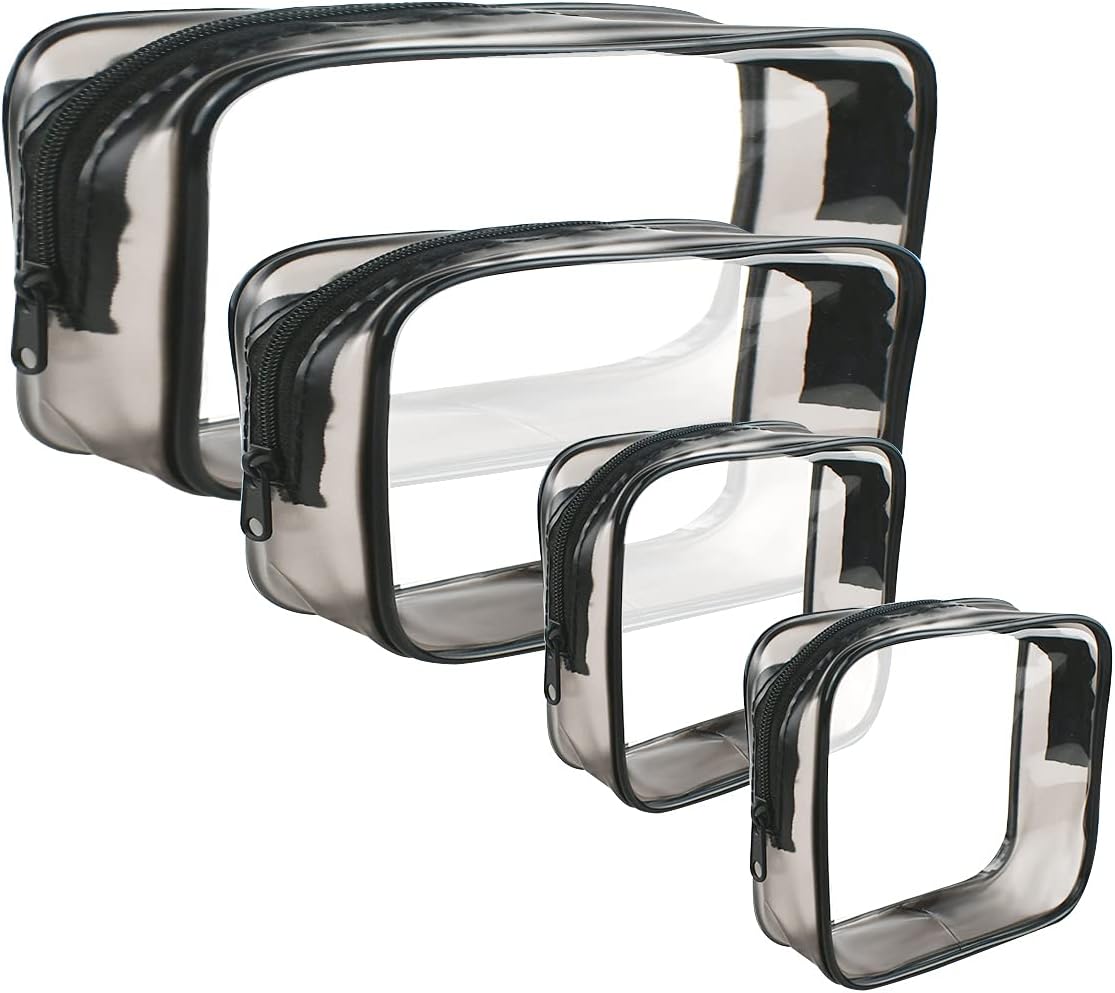 4 Pack Clear Cosmetic Bag for Travel - TSA Approved Toiletry Makeup Pouch Carry-on Airport Airline Compliant Portable PVC Waterproof With Zipper Women Quart